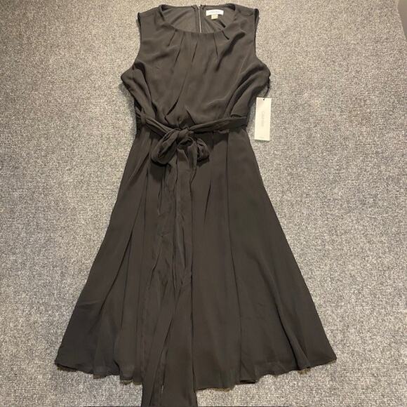 NEW tags Calvin Klein Black Sleeveless Belted Fit Flare Classic Dress Womens 12 - Picture 1 of 11